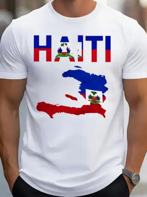Haiti Map Graphic T-Shirt 
White t-shirt featuring a vibrant Haiti map graphic in blue and red.