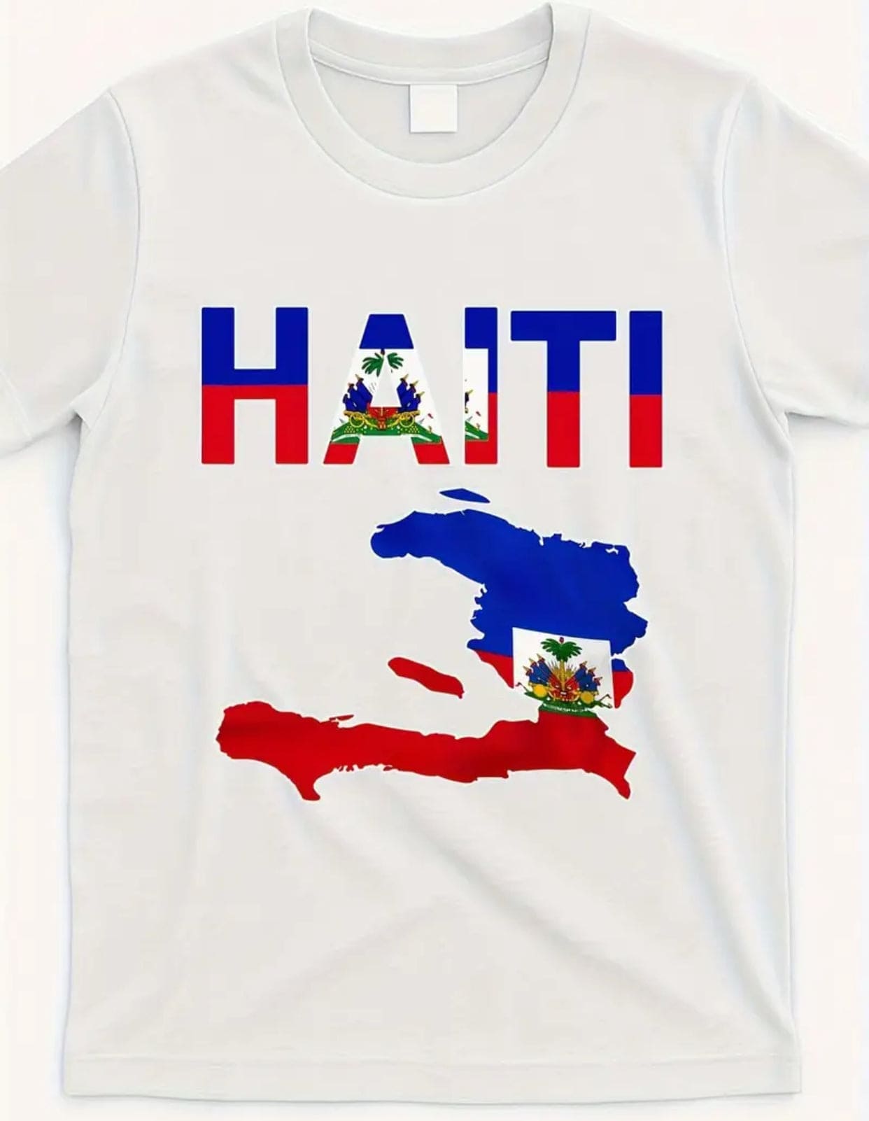 Haiti Map Graphic T-Shirt 
White t-shirt featuring a vibrant Haiti map graphic in blue and red.
