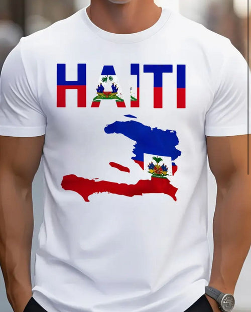 Haiti Map Graphic T-Shirt 
White t-shirt featuring a vibrant Haiti map graphic in blue and red.