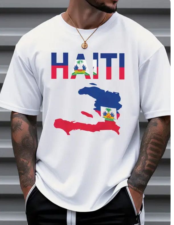 Haiti Map Graphic T-Shirt 
White t-shirt featuring a vibrant Haiti map graphic in blue and red.