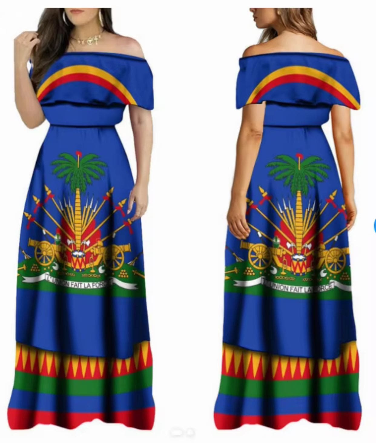 Women Off Shoulder Polynesian Haitian Flag Print Maxi Dress Summer Party Casual Two Pieces Sundress Dresses