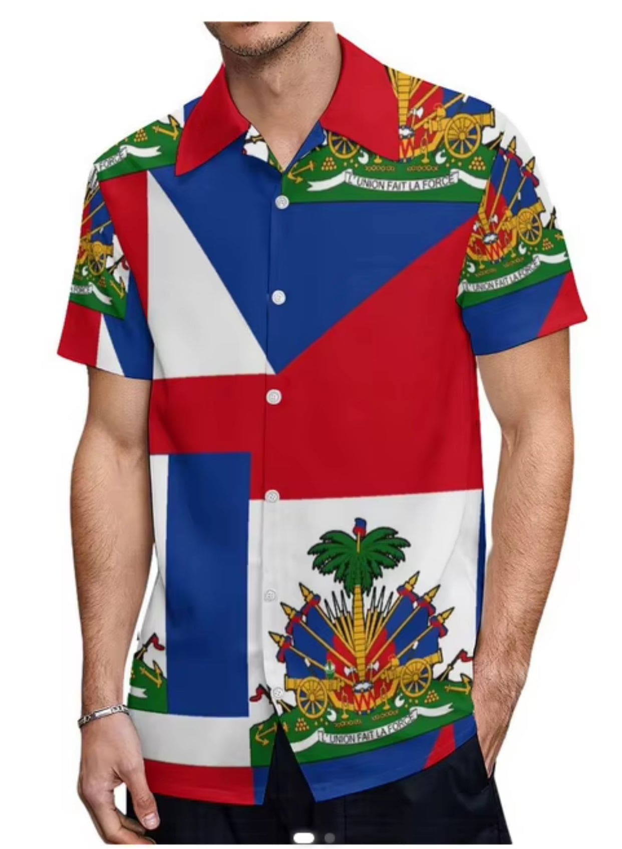 Newest Oversized Fashion Polynesian Haitian Flag Print Shirt, Men's Casual Short-Sleeved Summer Breathable.
